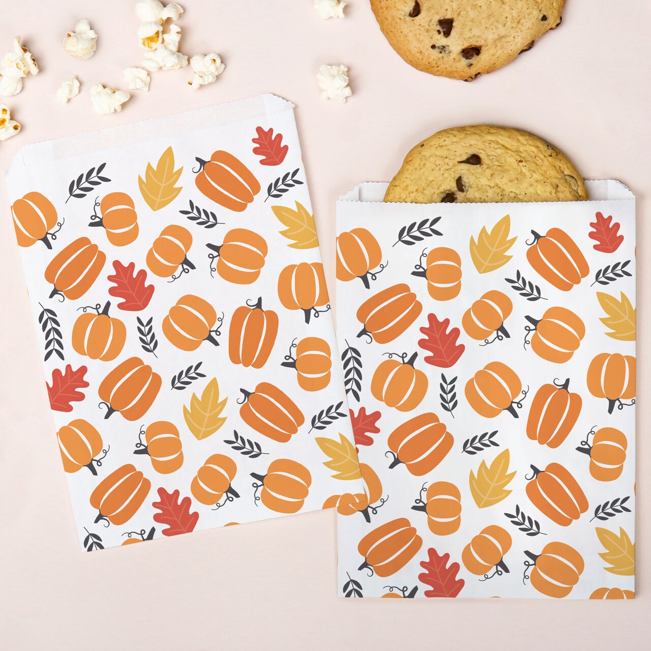 Big Dot of Happiness Fall Pumpkin Paper Treat Bags, Individual Candy Snack Favors, Greaseproof White Sandwich Cookie Bags - 25 Count